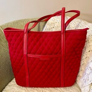Vera Bradley Red Quilted Small Vera Tote Bag w/ Leather Trim